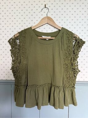 Anthropologie Olive Green Crochet-Sleeve Peplum Top